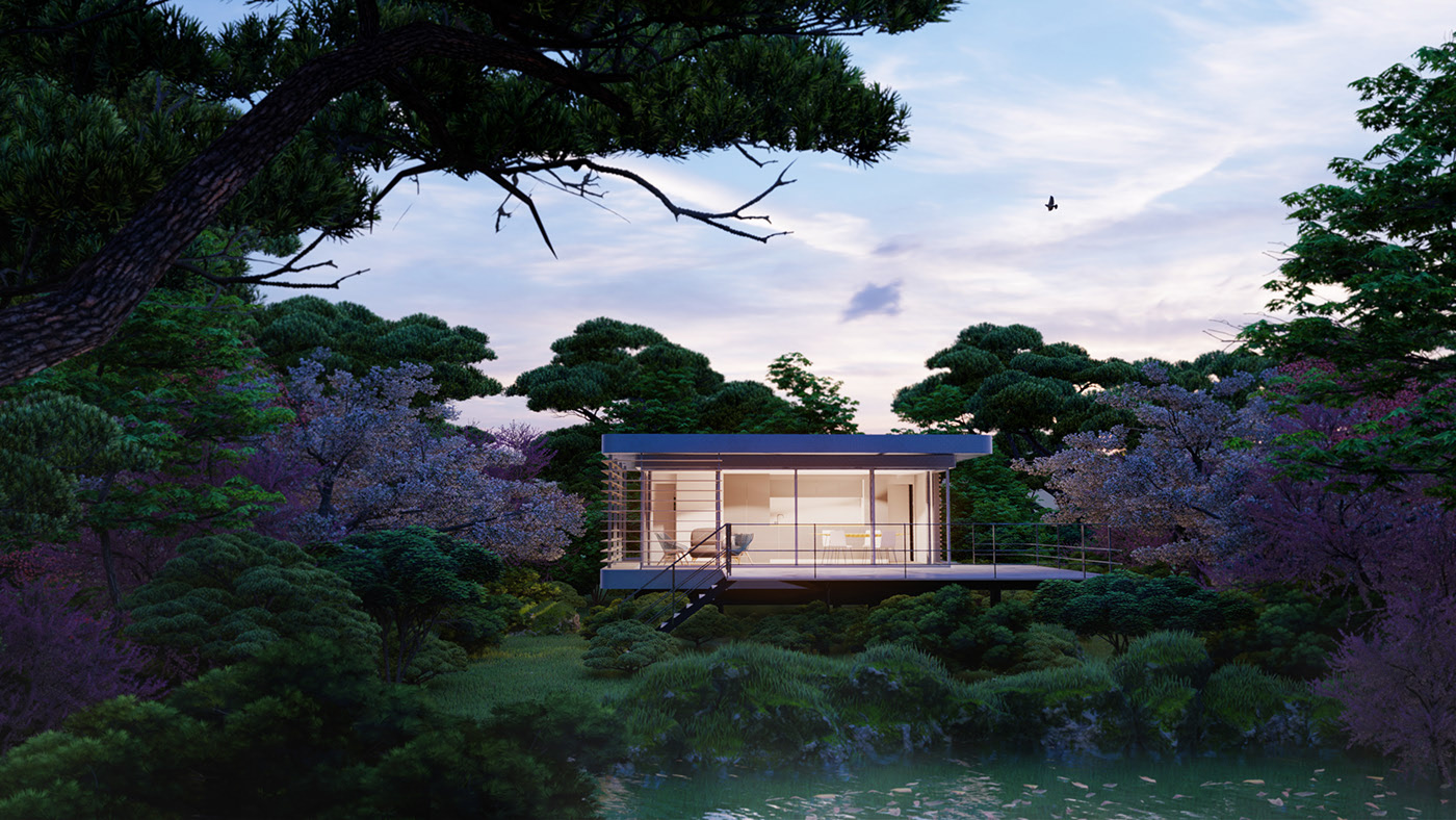 tiny house de 50m2 : façade de nuit