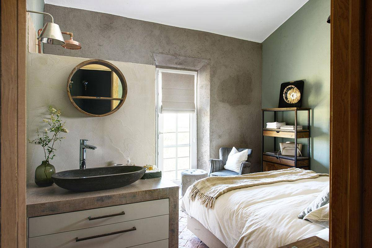 chambre décoration grise et verte