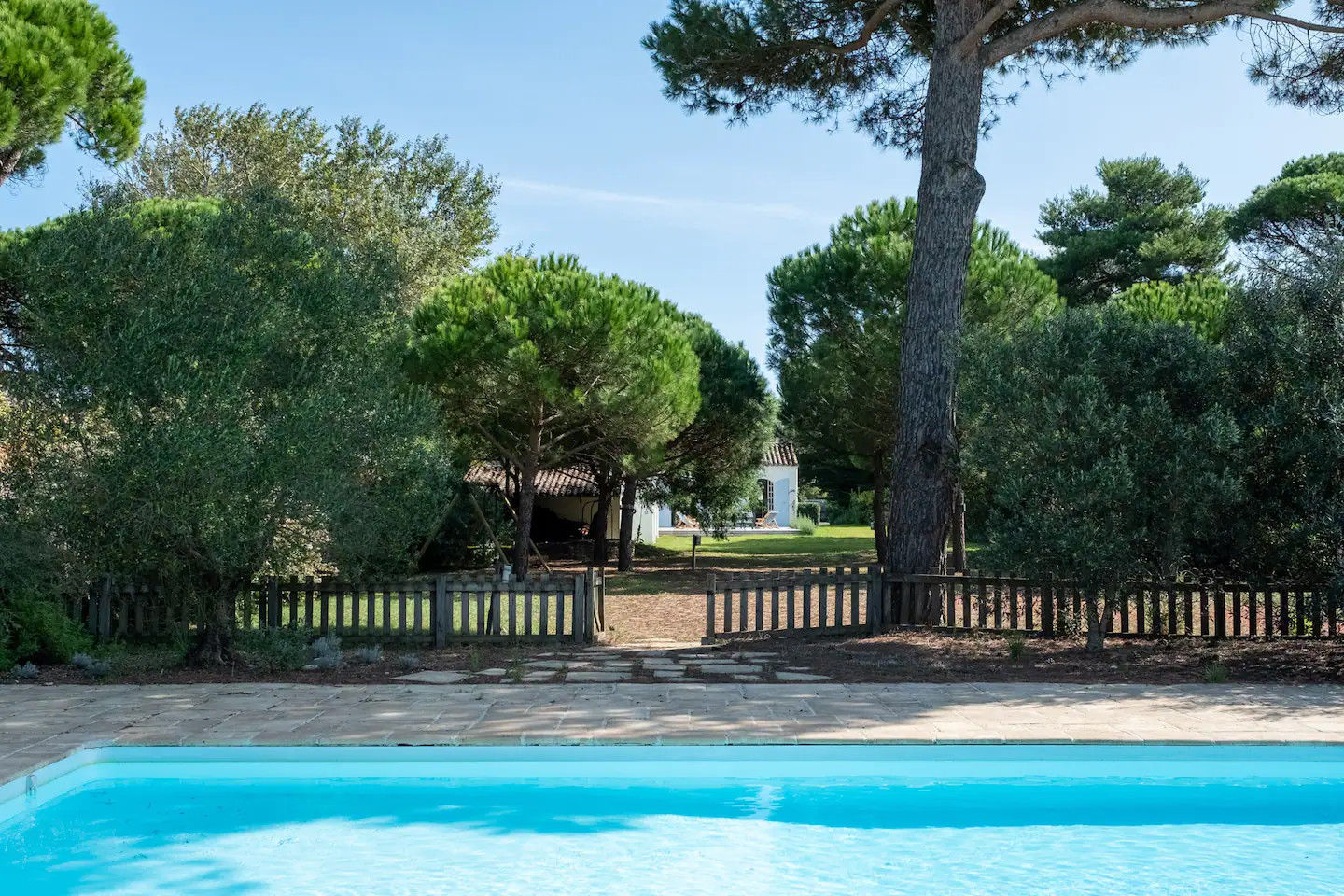 piscine avec barrière protection bois