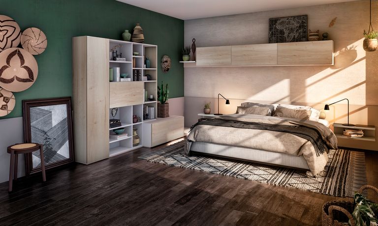 chambre principale bois et mur vert