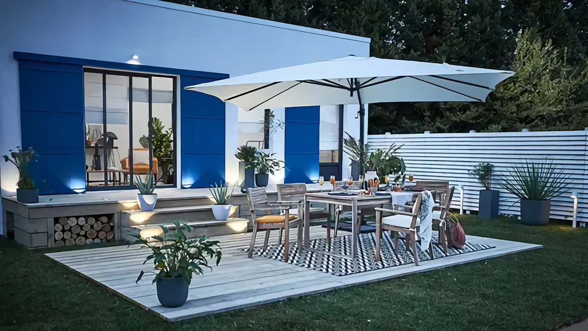 terrasse aménagée décoration bleue vue nuit terrasse aménagée décoration bleue vue nuit