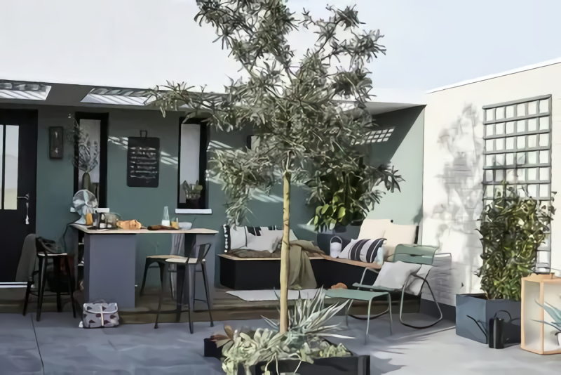 terrasse aménagée avec espace bureau