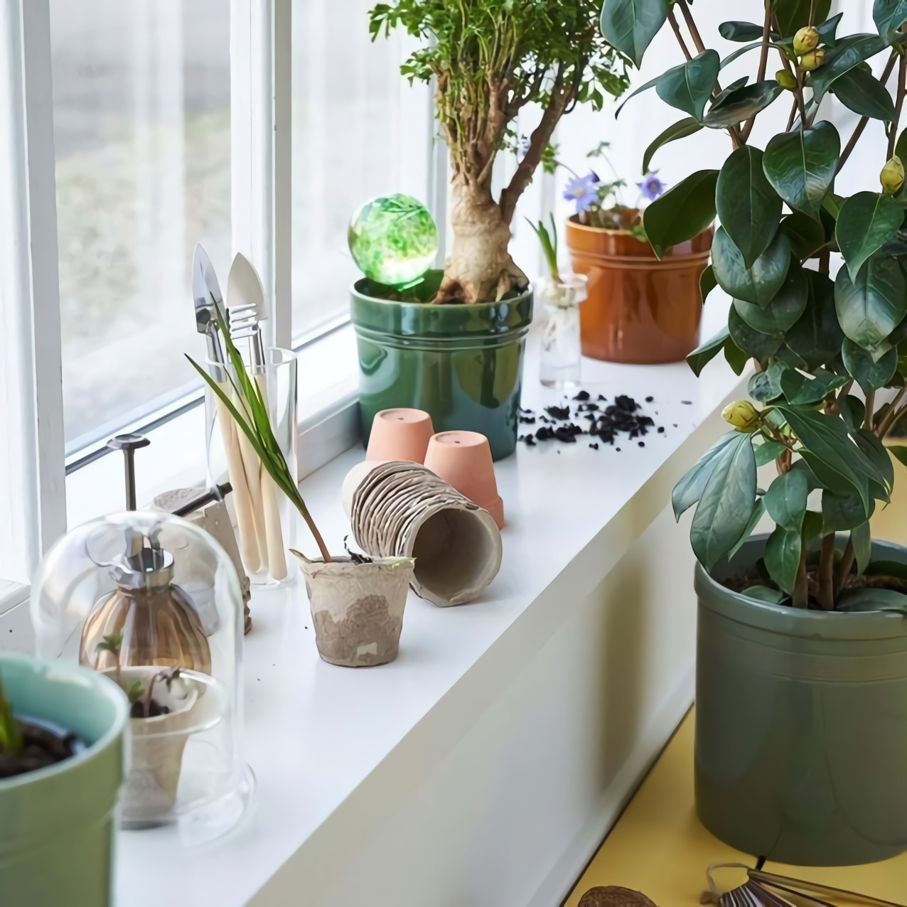 pots sur rebord de fenêtre