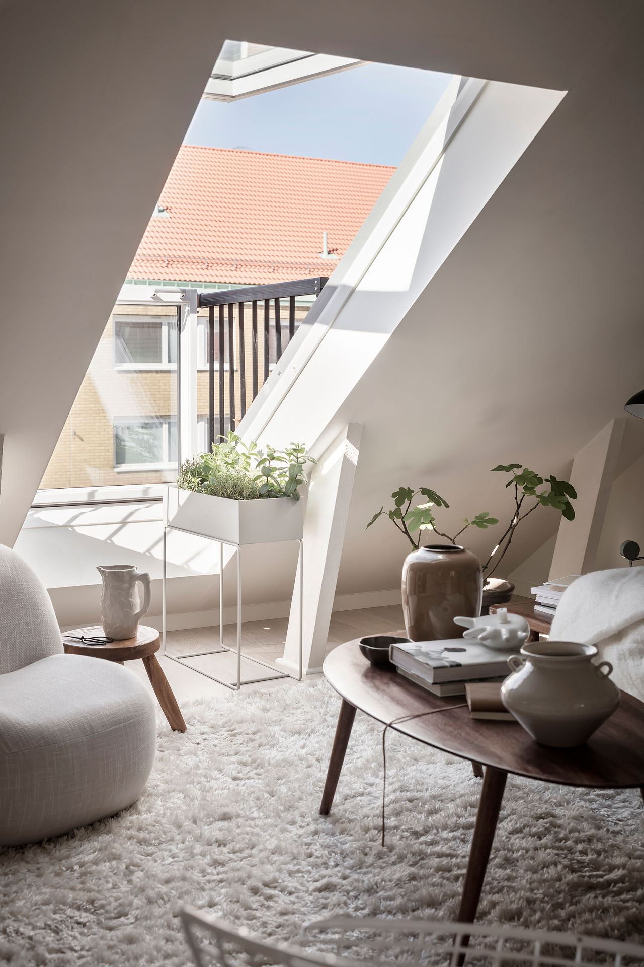 salon décoration scandinave avec balcon atypique fenêtre de toit