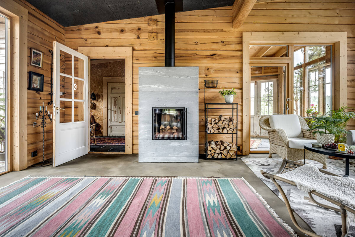 salon avec cheminée maison en bois