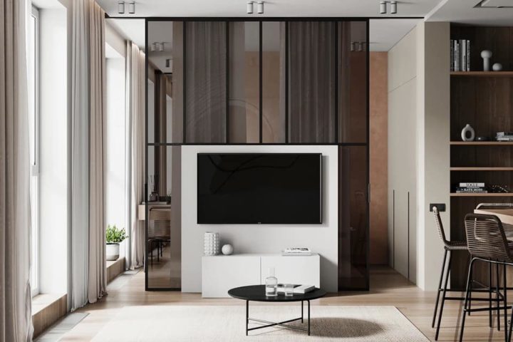 meuble télé devant verrière