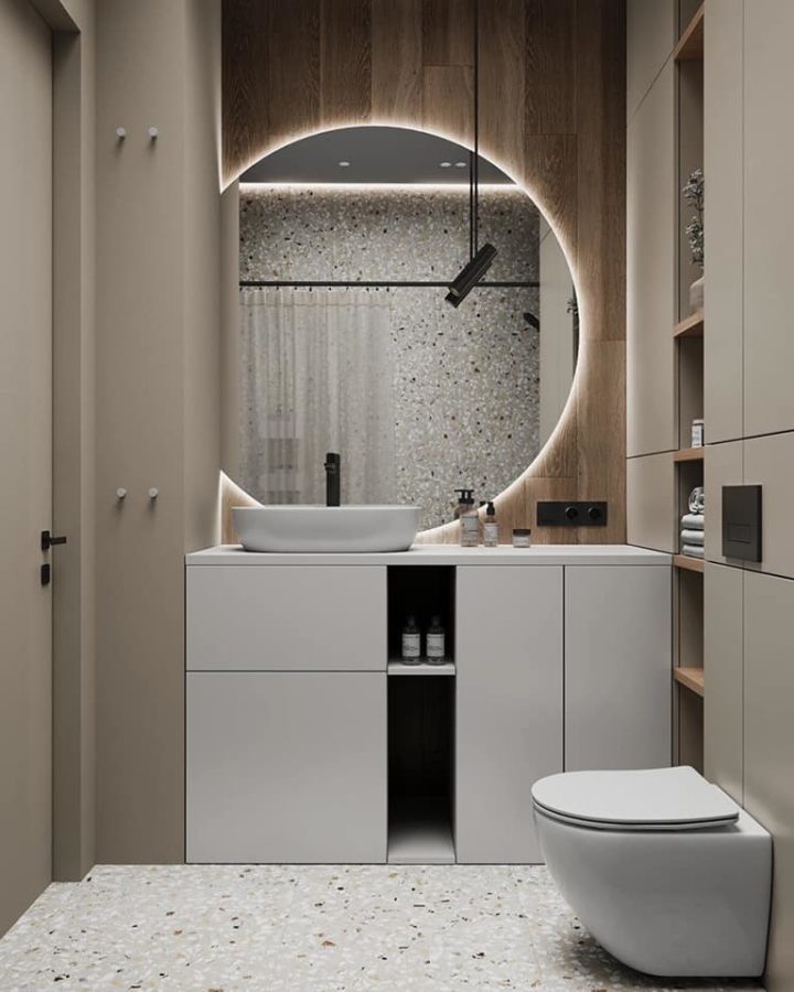 salle de bain terrazzo gris et bois