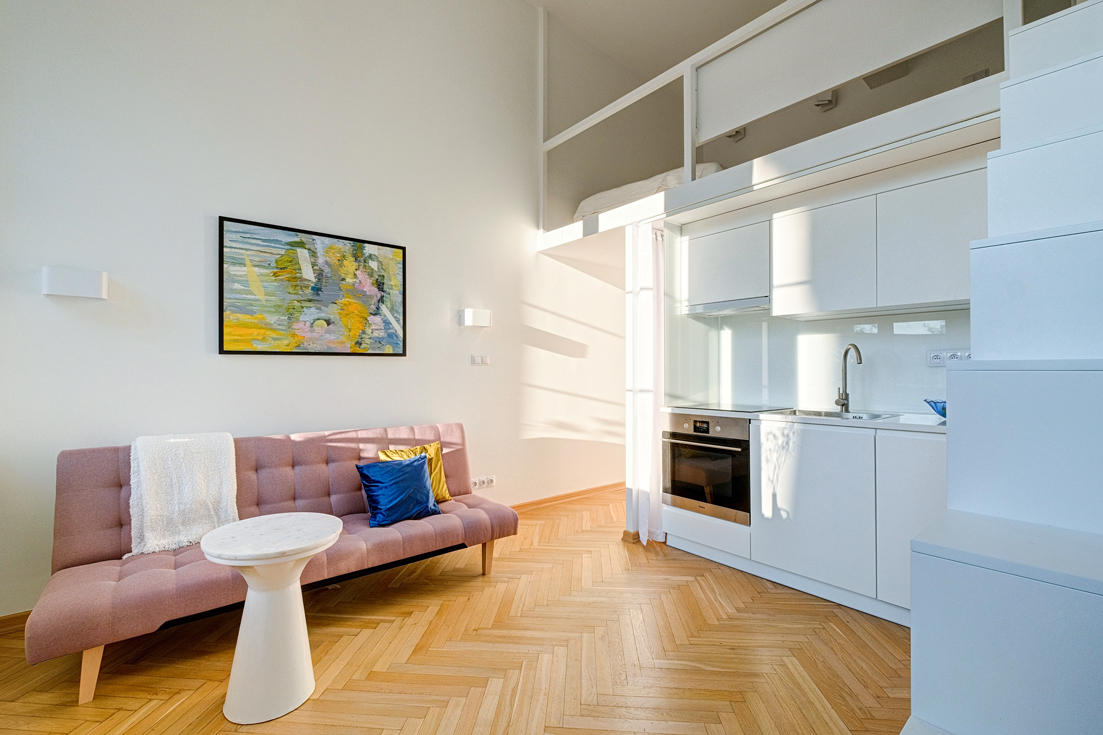 salon et cuisine studio de 20m2 avec mezzanine