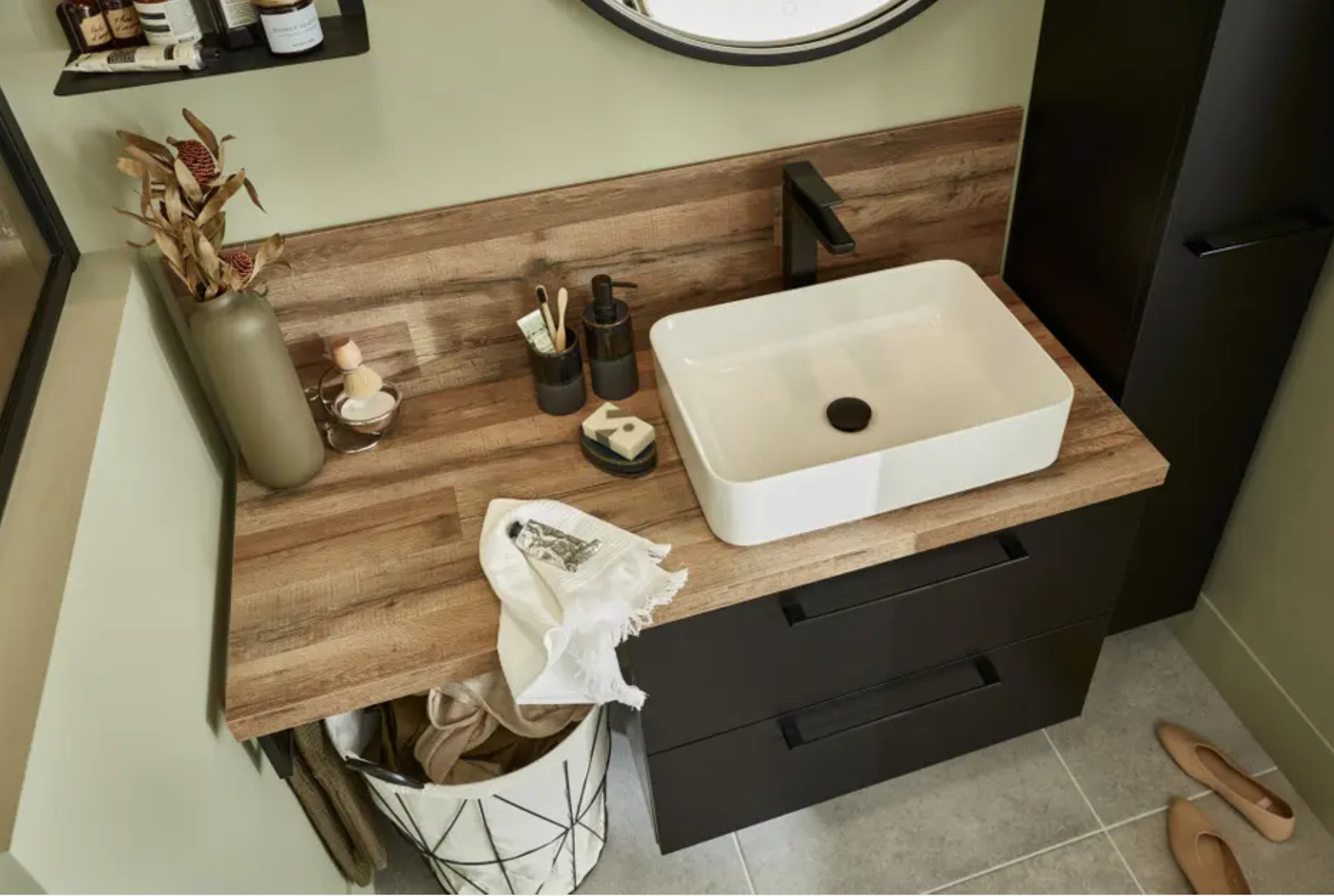meuble vasque noir et bois
