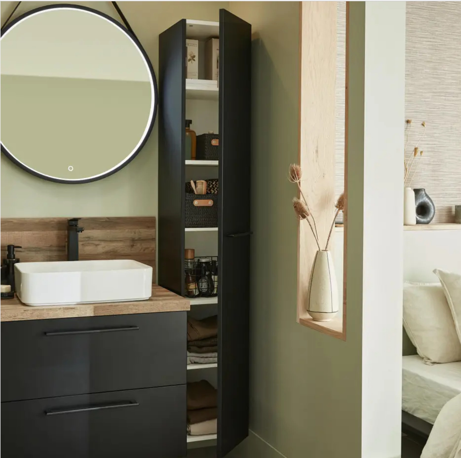 meuble salle de bain noir et bois