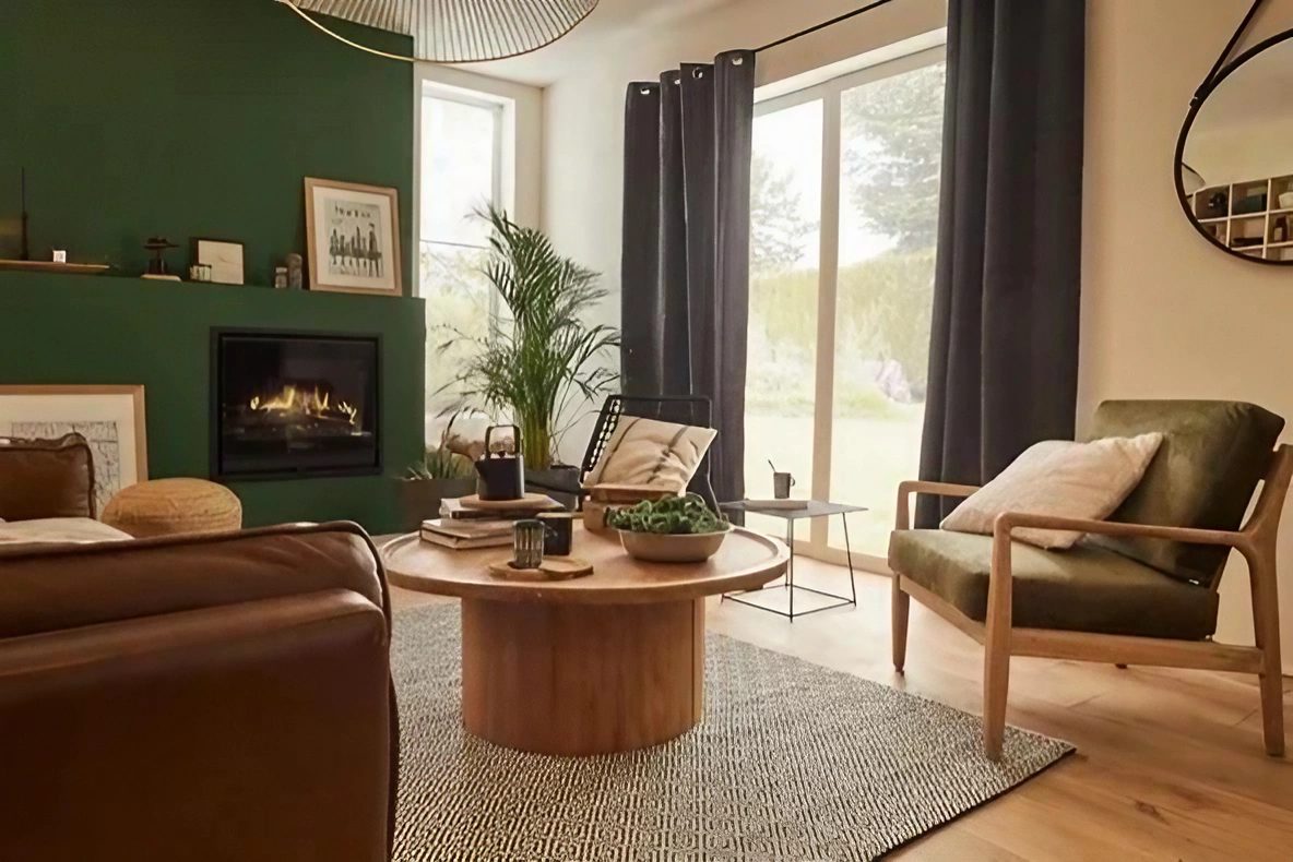 salon avec cheminée mur vert
