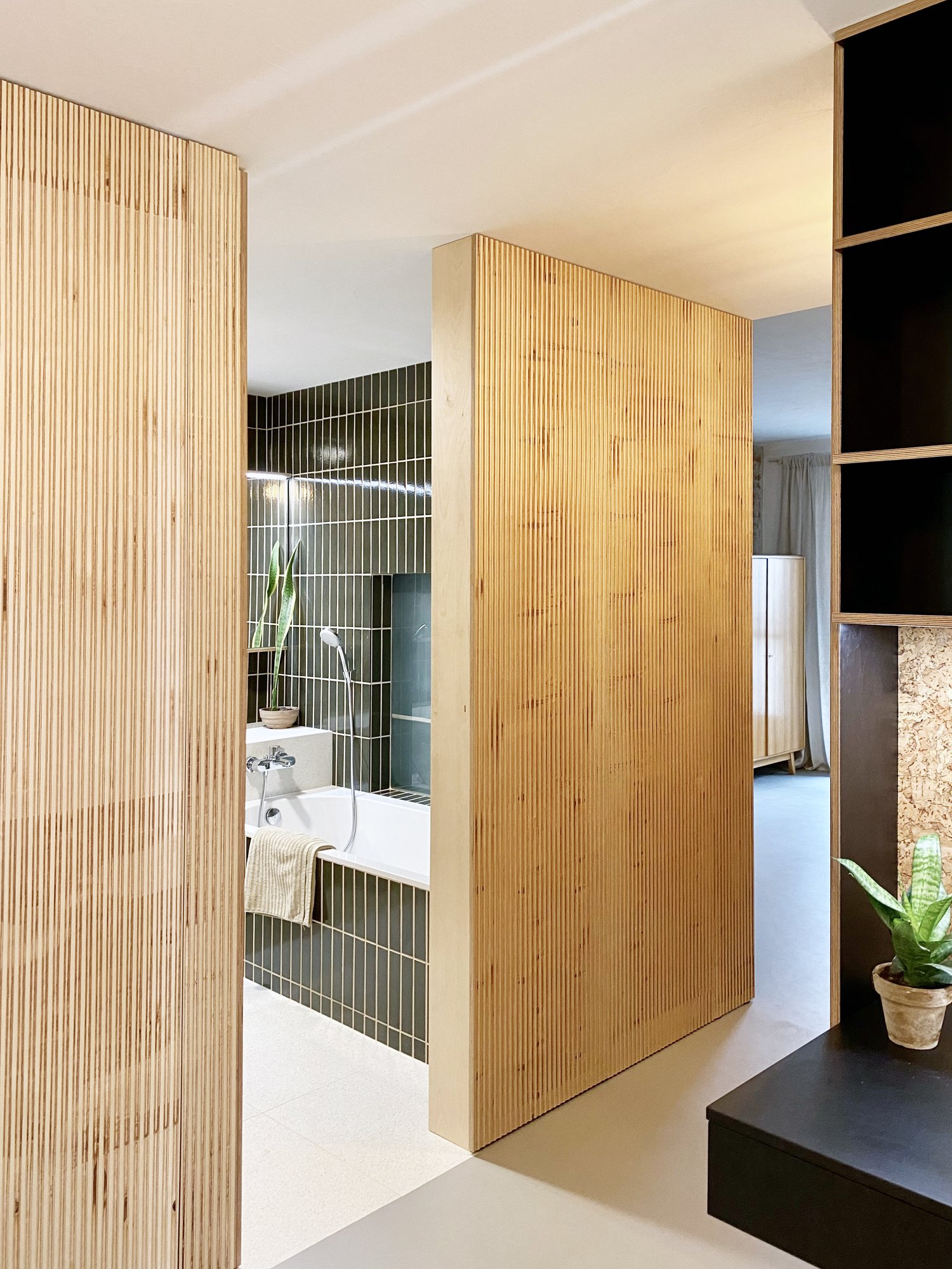 couloir et salle de bain murs bois