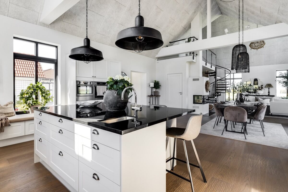 cuisine ouverte avec îlot décoration blanche et noire cuisine ouverte avec îlot décoration blanche et noire