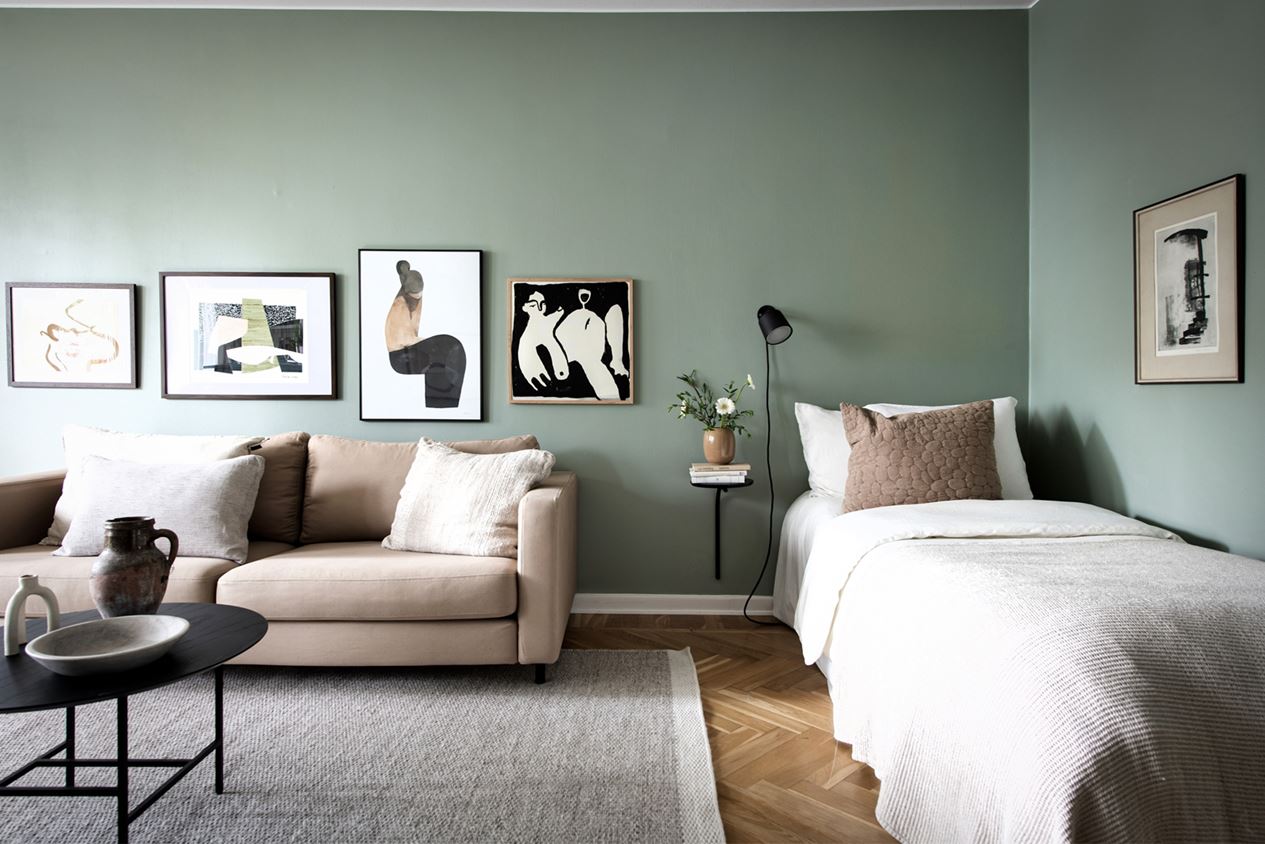 pièce principale mur vert studio 28m2 pièce principale mur vert studio 28m2
