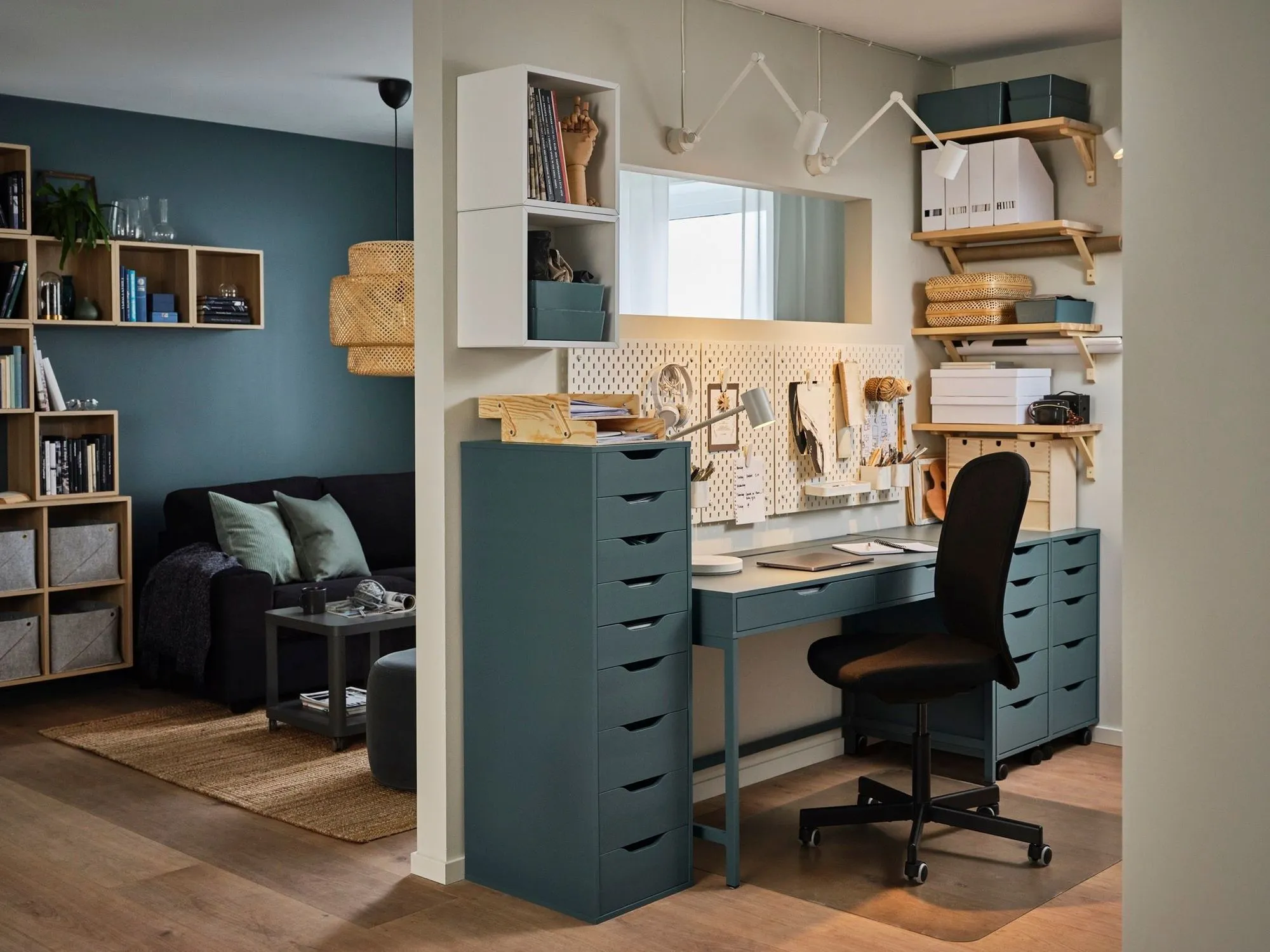 chambre et salon bleu canard