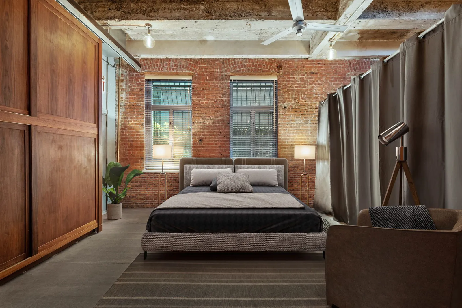 chambre loft murs briques