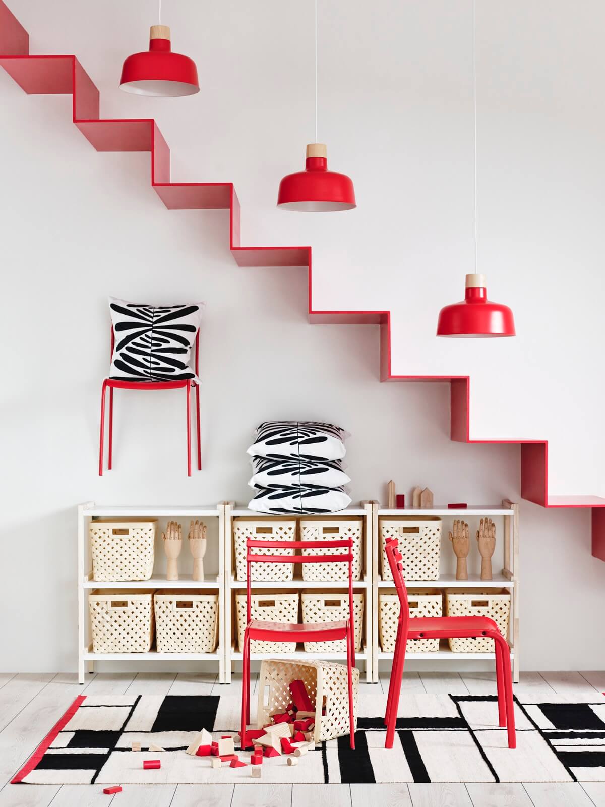 salon avec escalier rouge design