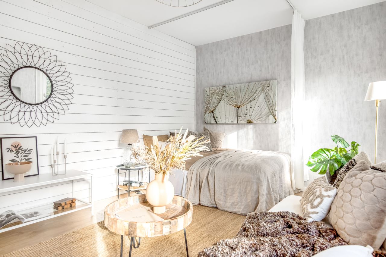 espace chambre grand studio 40m2 décoration blanche espace chambre grand studio 40m2 décoration blanche