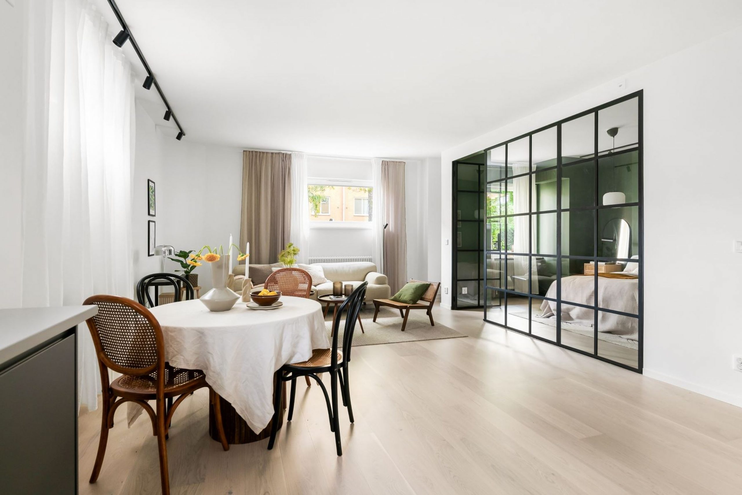 salon décoration scandinave deux-pièces de 56m2 avec verrière