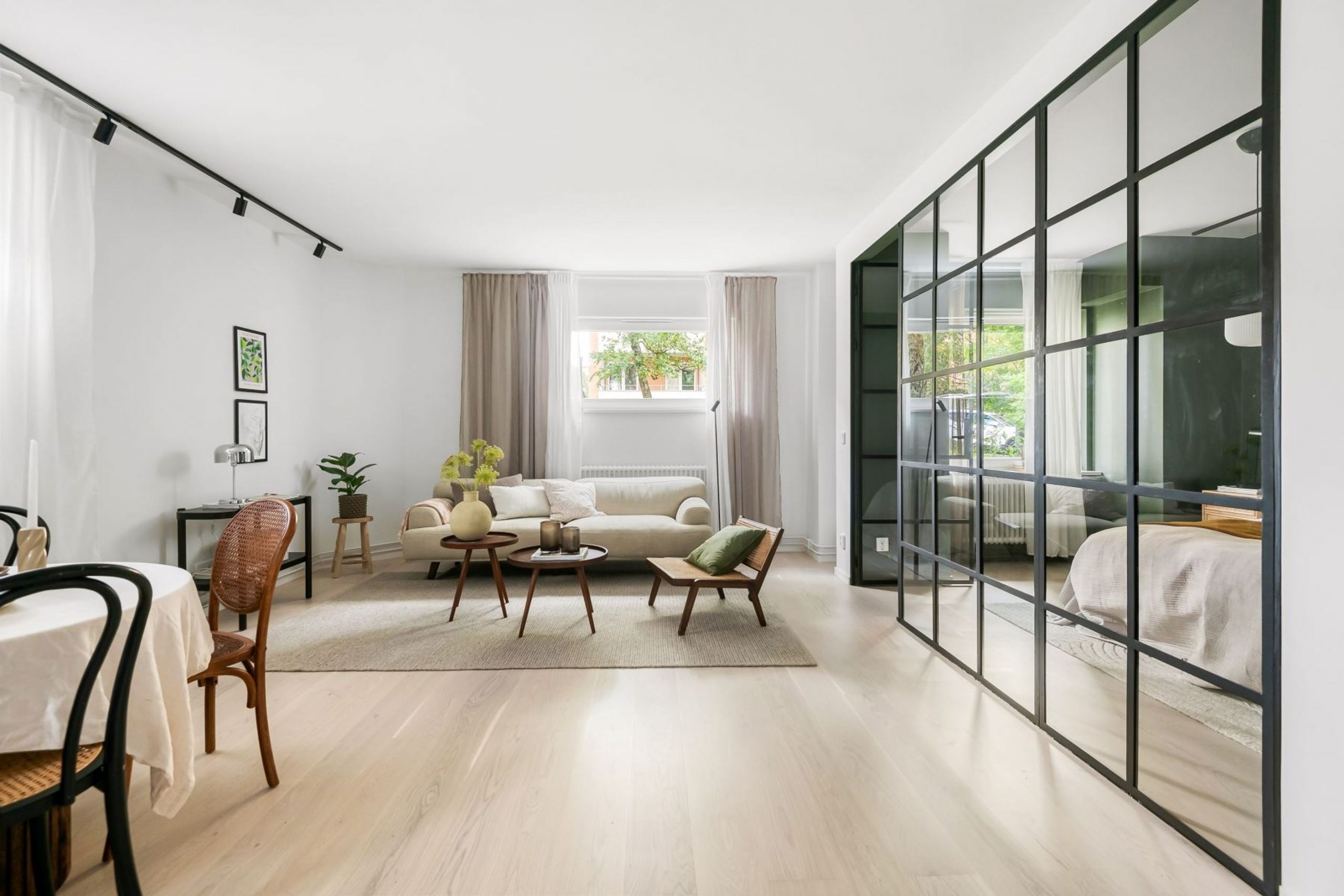 salon décoration scandinave deux-pièces de 56m2 avec verrière