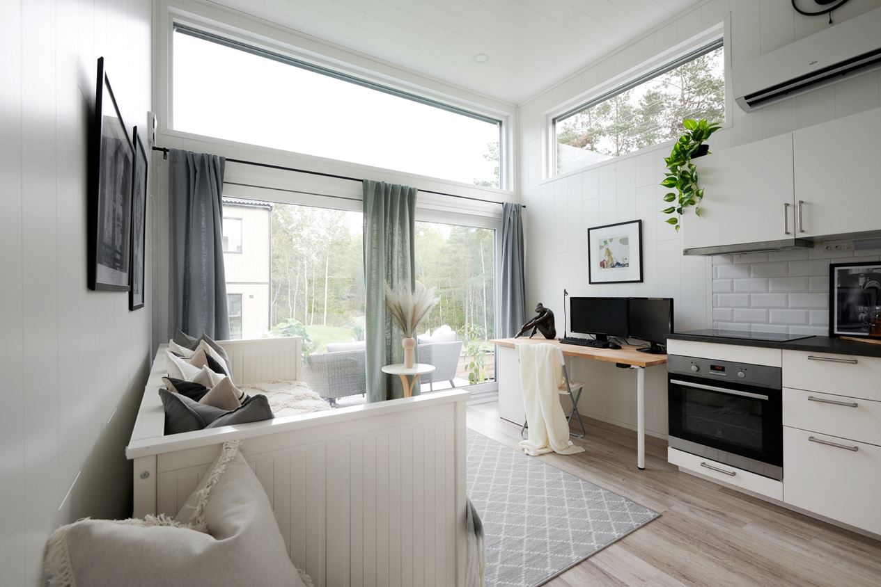 salon avec cuisine mini maison 22m2