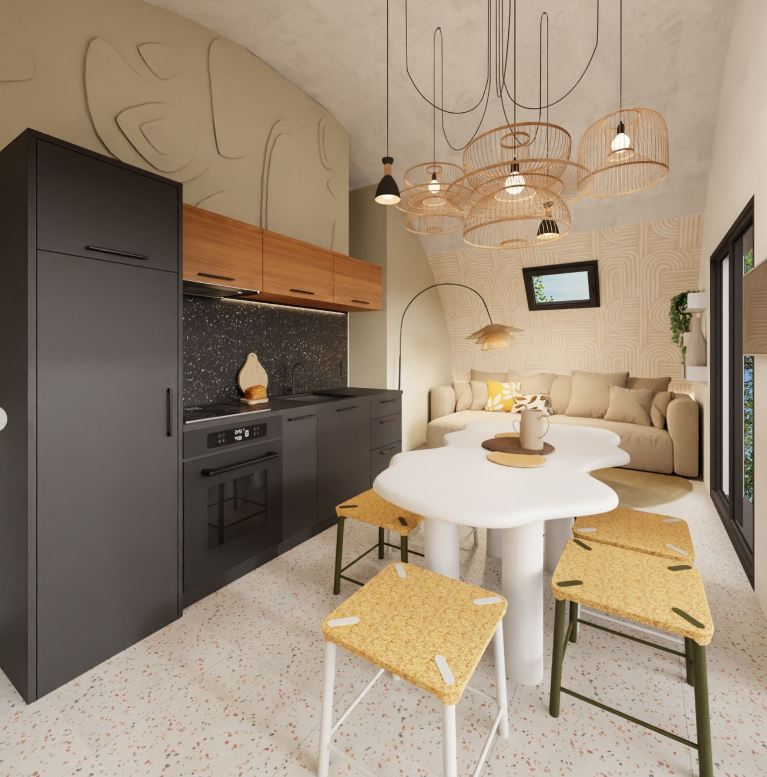 cuisine et salon mini maison écologique française Arkegreen