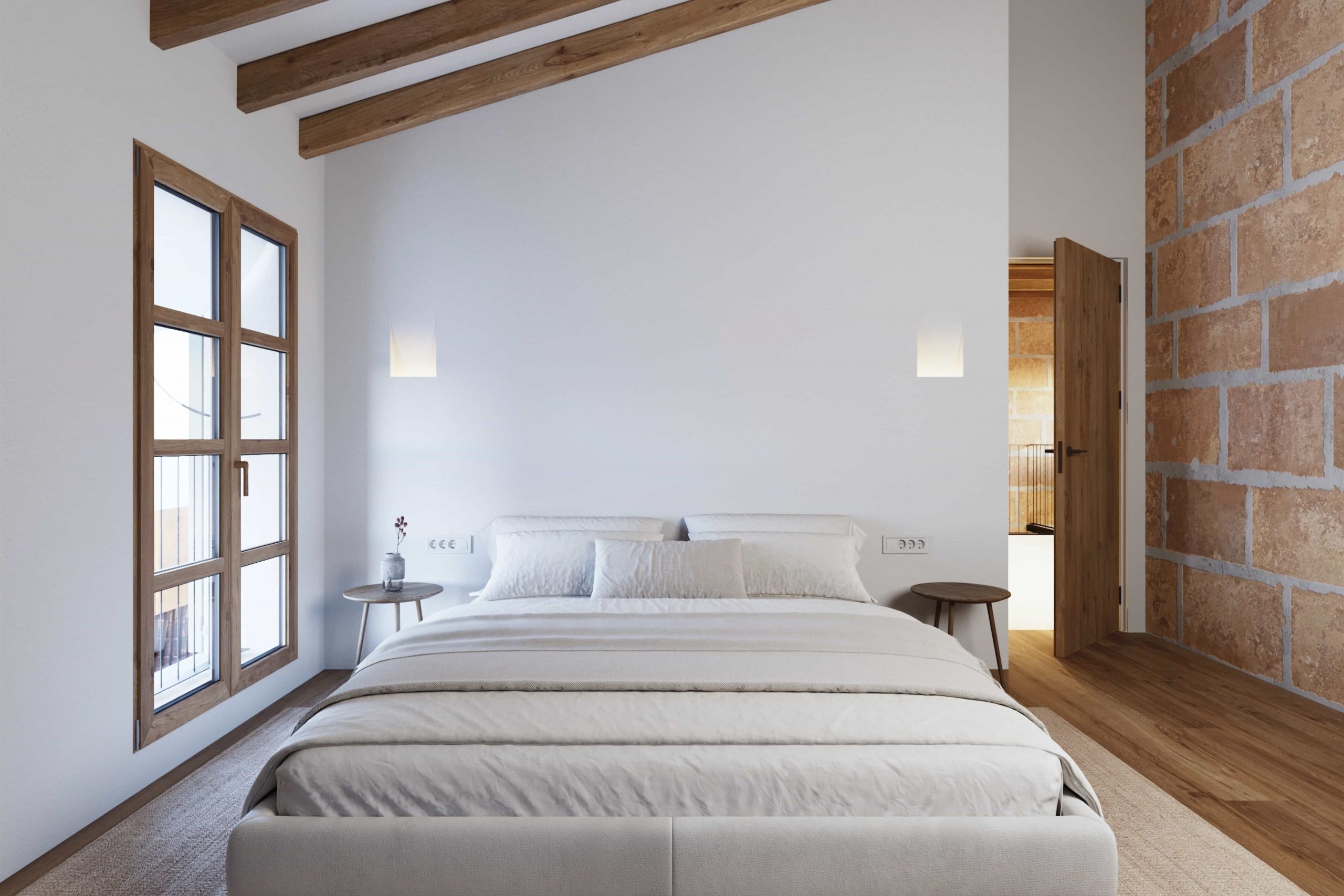 chambre minimaliste avec poutres décoration contemporaine
