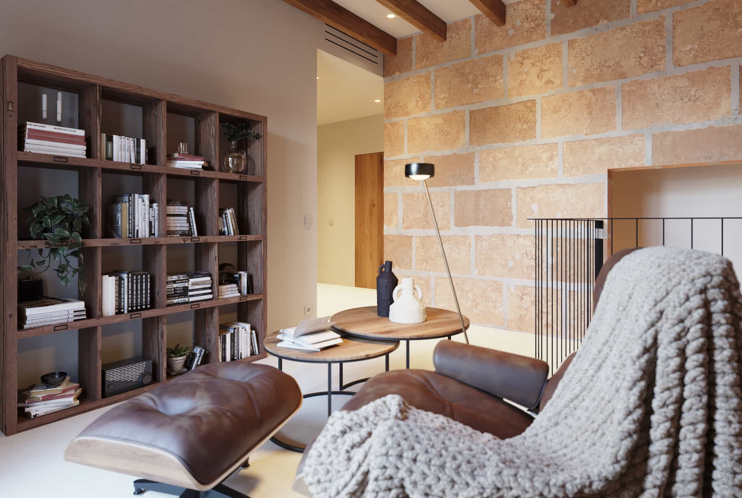 petit salon avec bibliothèque décoration contemporaine