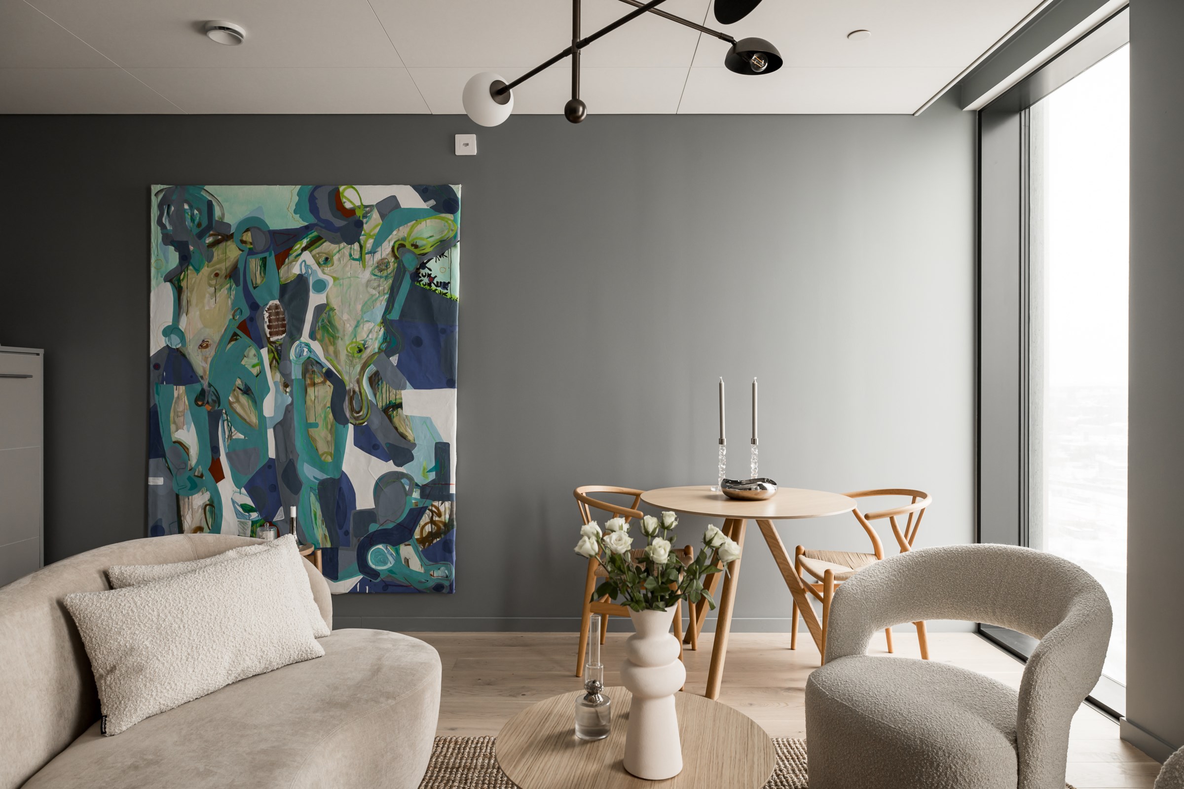 salon studio 32m2 design décoration grise