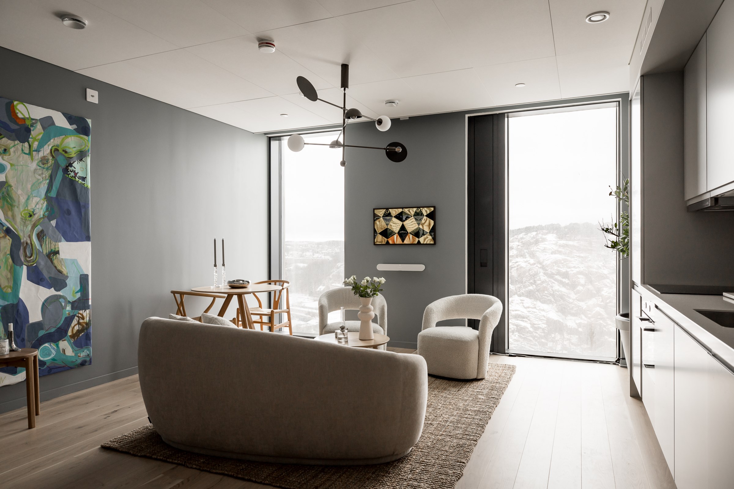salon studio 32m2 design décoration grise