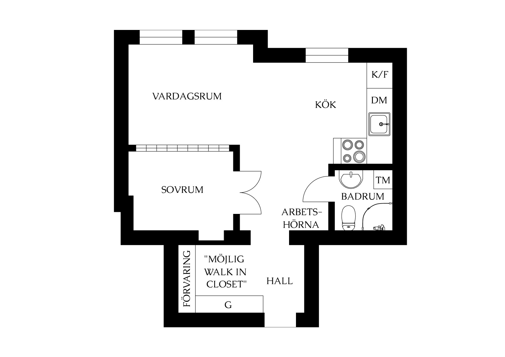 plan deux-pièces 46m2 rénové dans immeuble ancien