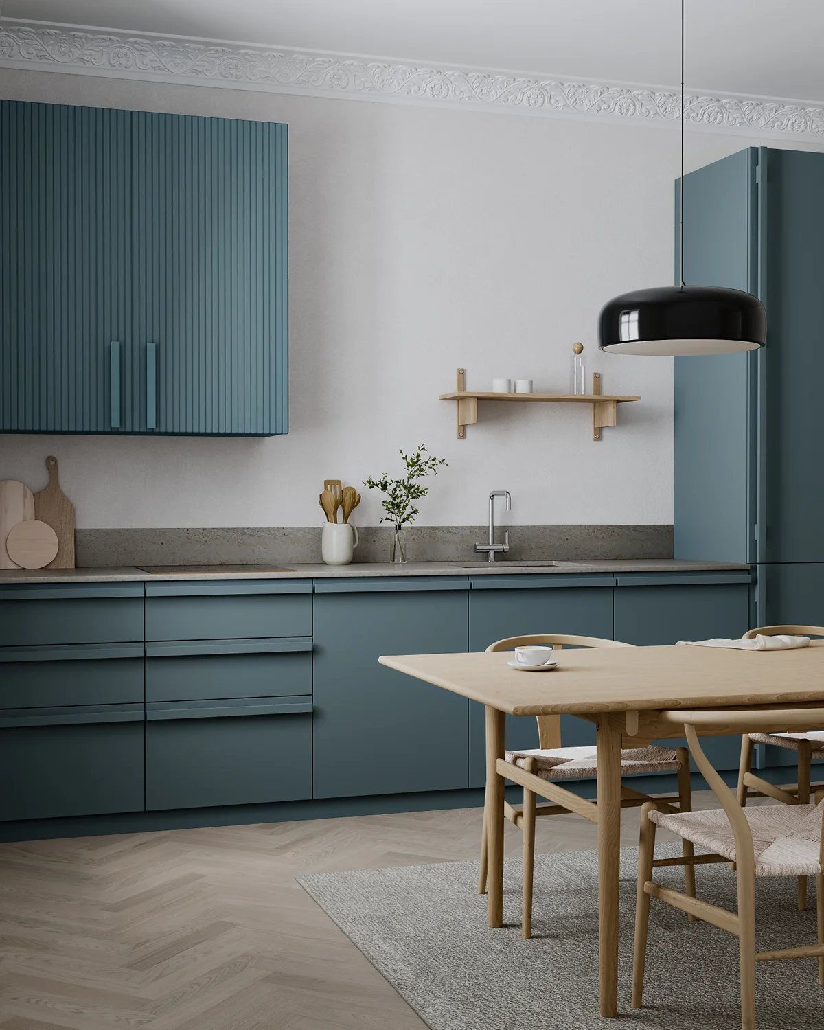 cuisine design bleue avec moulures mobilier IKEA upgradé par Superfront cuisine design bleue avec moulures mobilier IKEA upgradé par Superfront