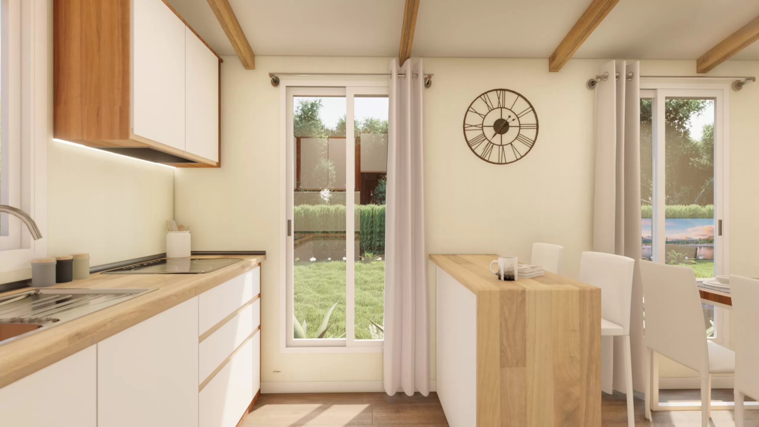 cuisine ouverte blanche et bois petite maison 53m2 cuisine ouverte blanche et bois petite maison 53m2