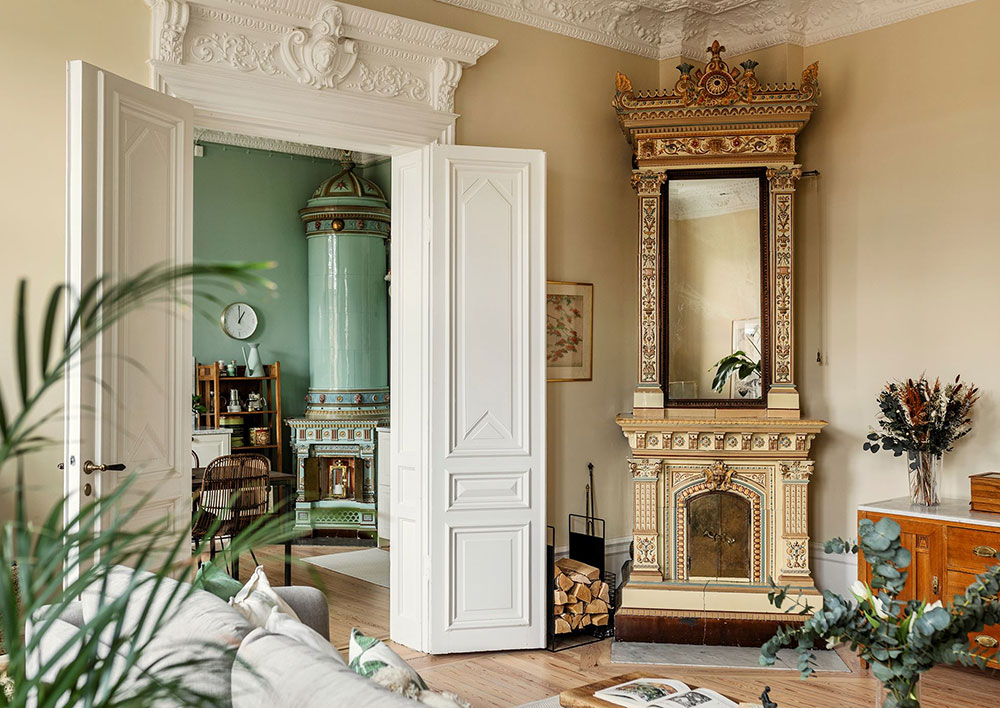 salon avec poêle ancien en faïence décoration classique chic