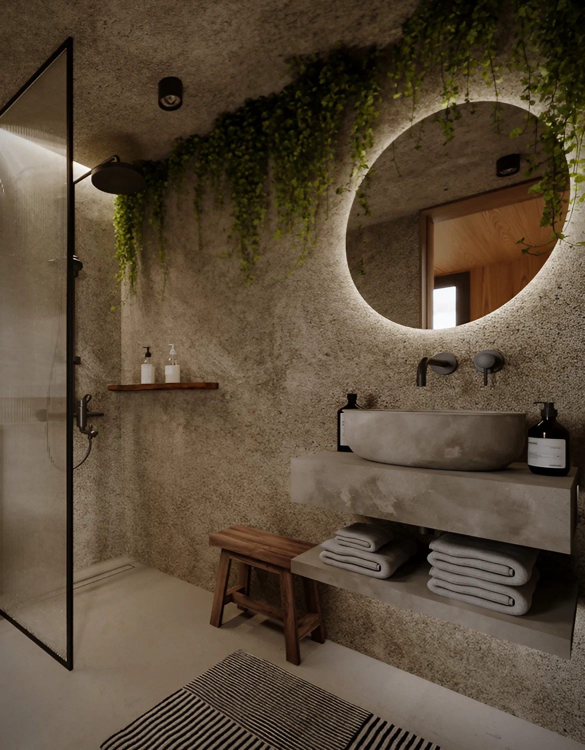 salle de bain bois et béton petite maison de 30m2 en bois Yruma