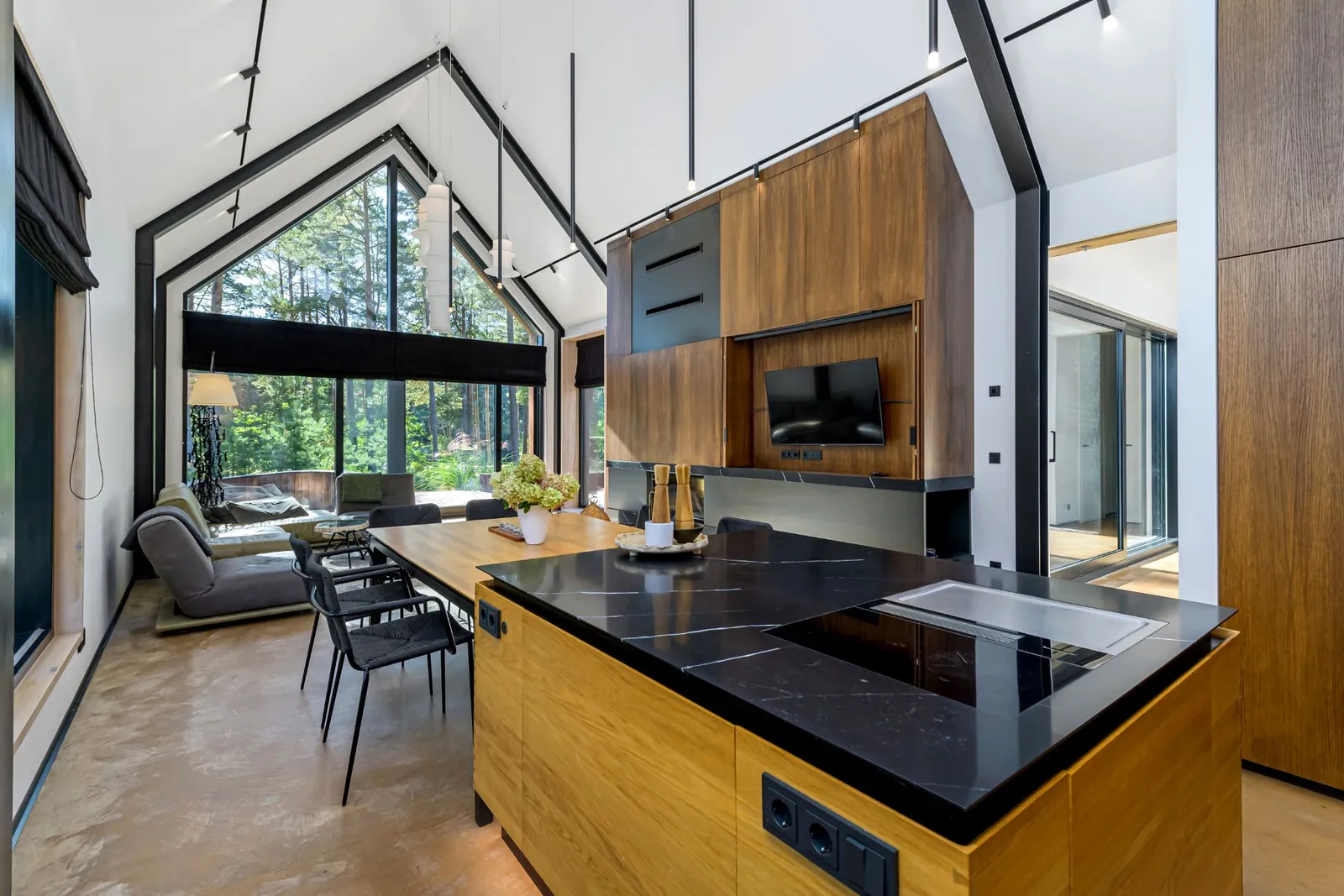 salon avec cuisine ouverte maison contemporaine en bois