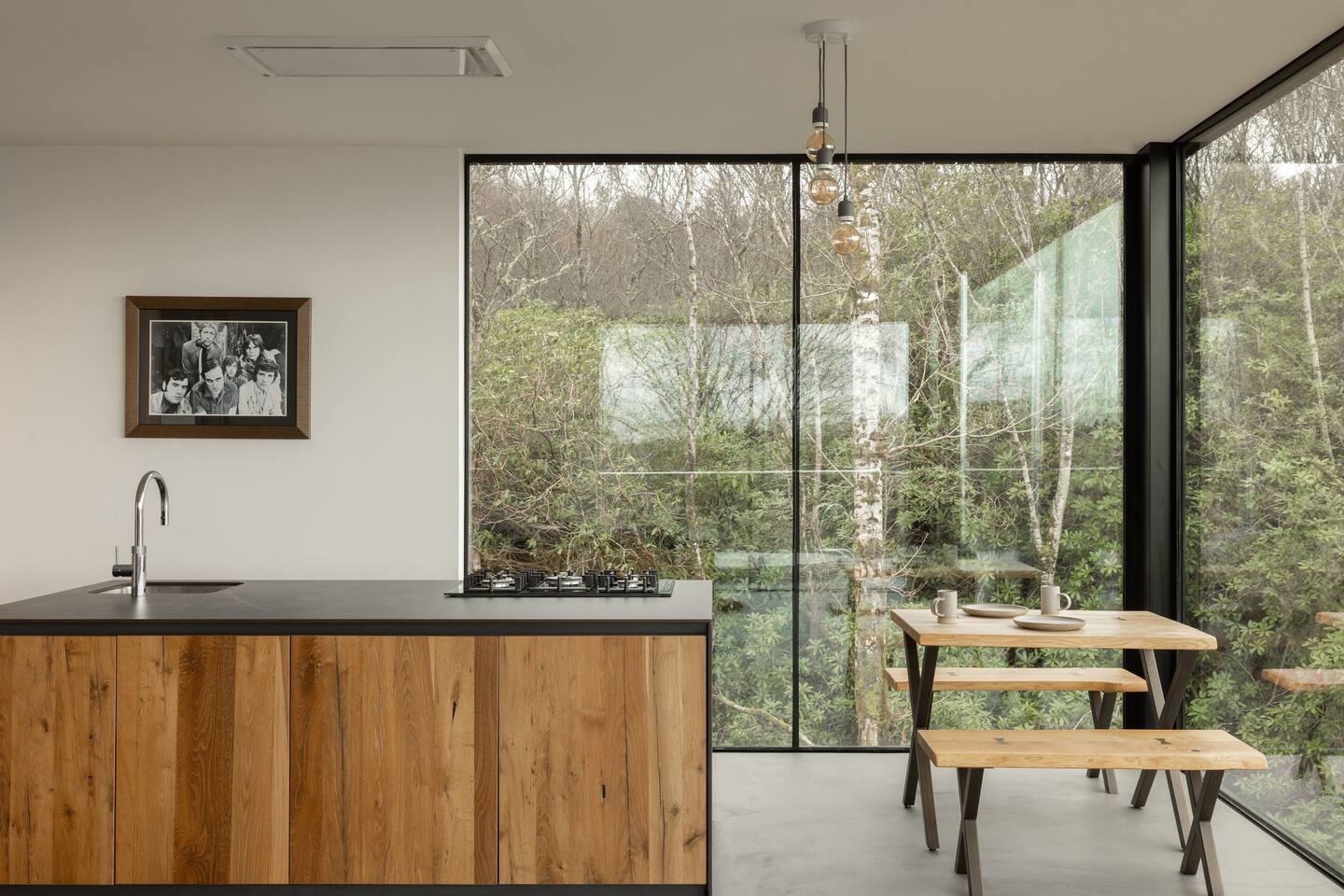 cuisine maison contemporaine en bois avec baies vitrées sol/plafond