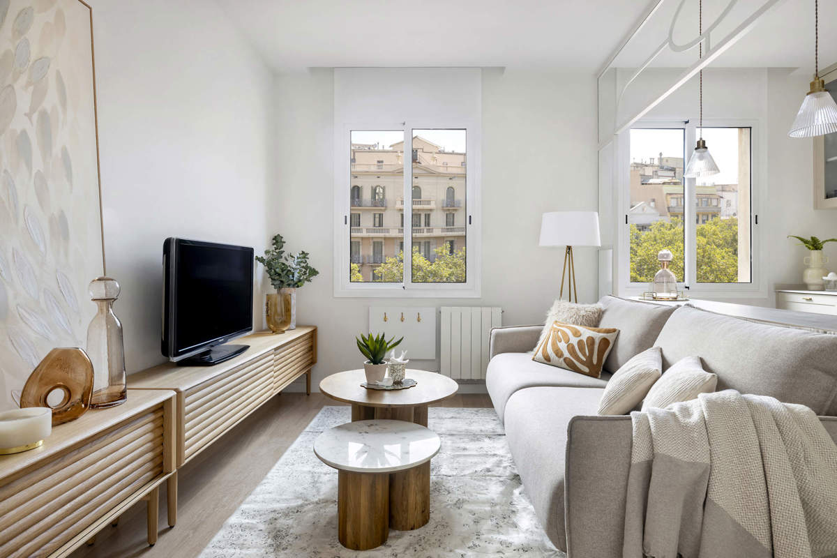 salon décoration contemporaine appartement 67m2 avec verrière blanche