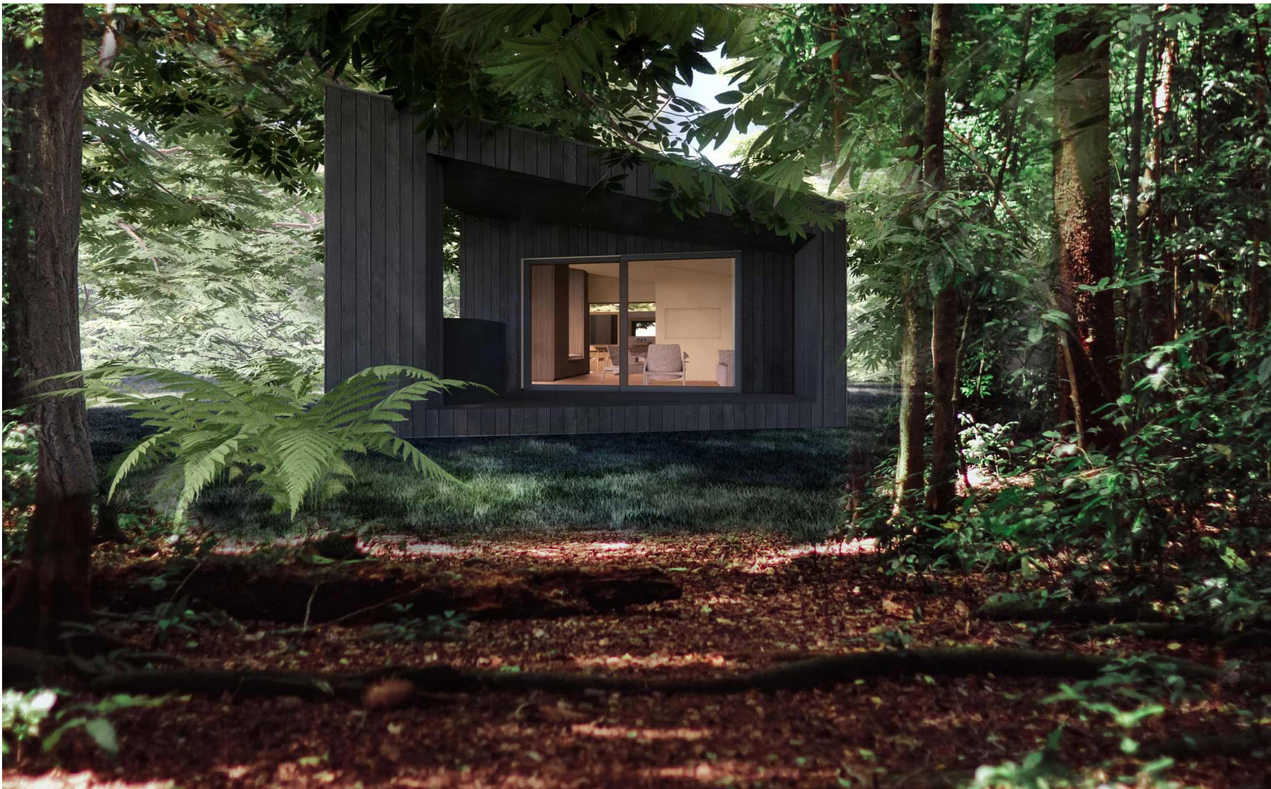 Une petite maison en bois KOTO préfabriquée dans la forêt