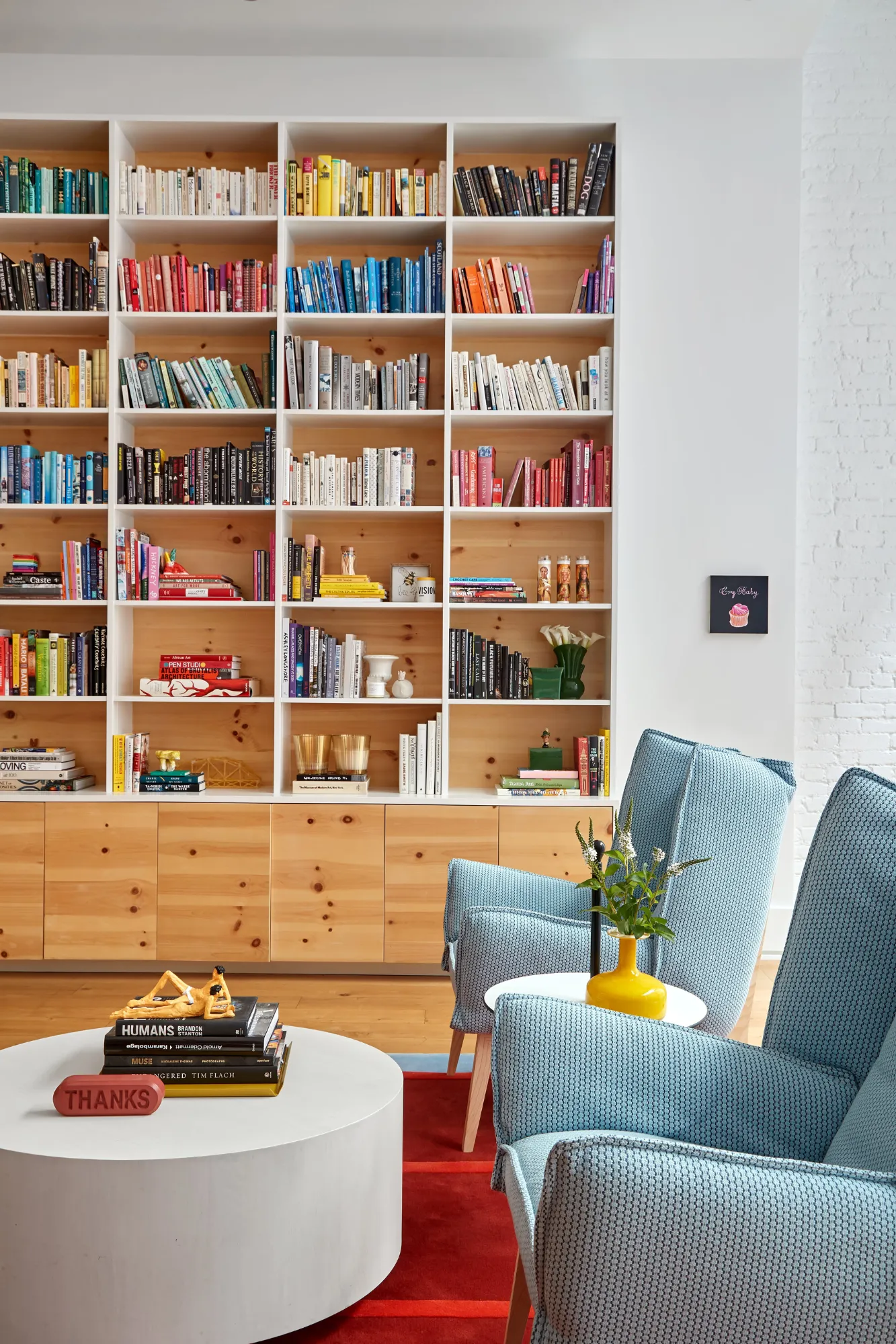 salon décoration design colorée avec bibliothèque