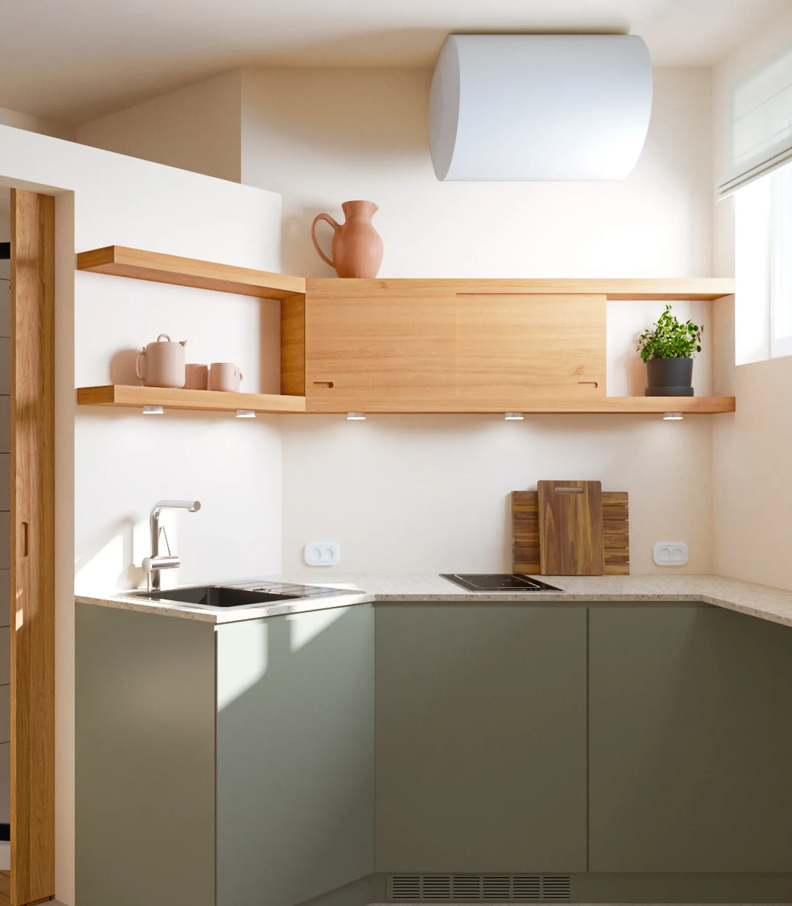 cuisine verte et bois studio 13m2 Paris par Nooks+Crannies Studio