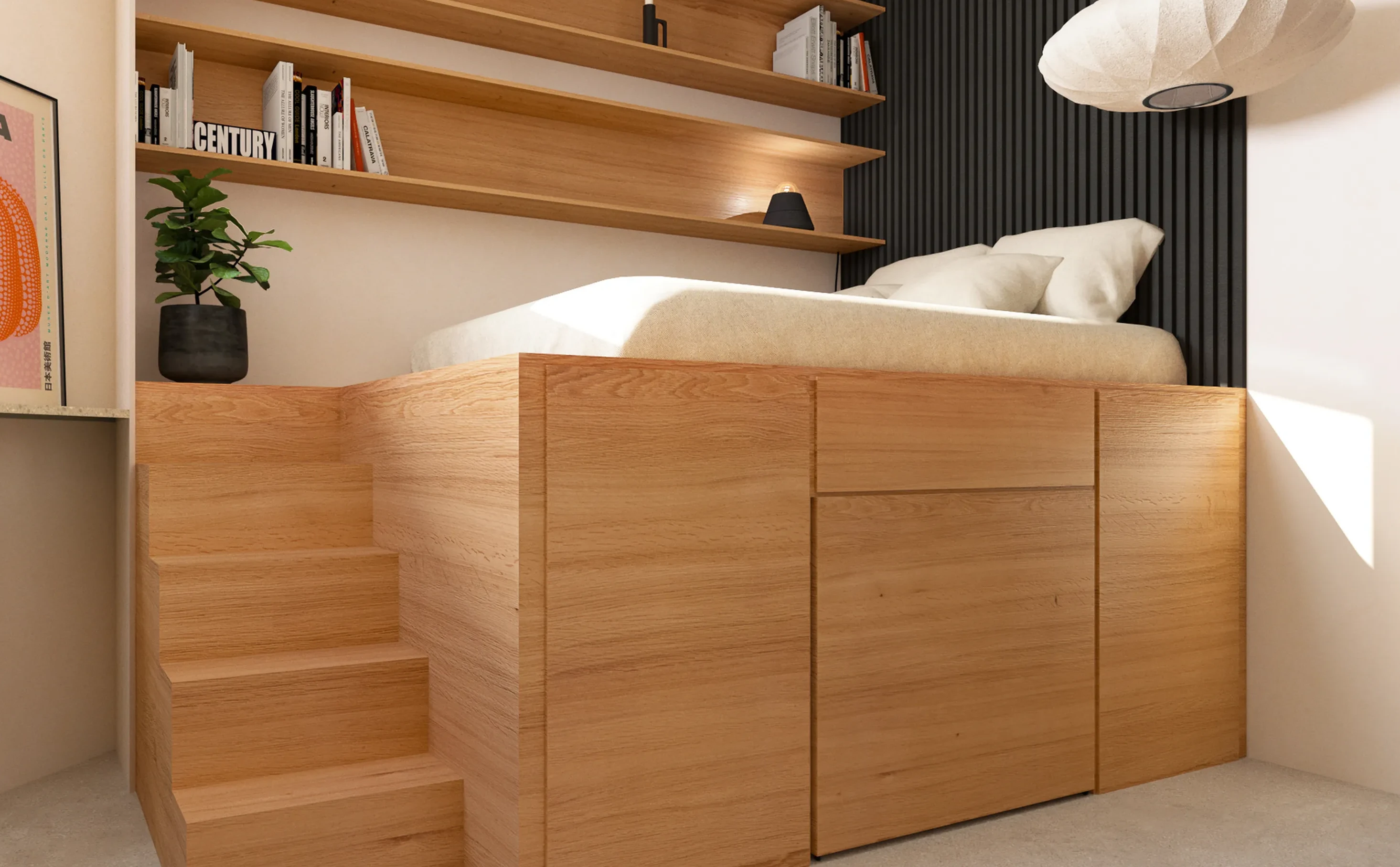 lit sur podium studio 13m2 Paris par Nooks+Crannies Studio