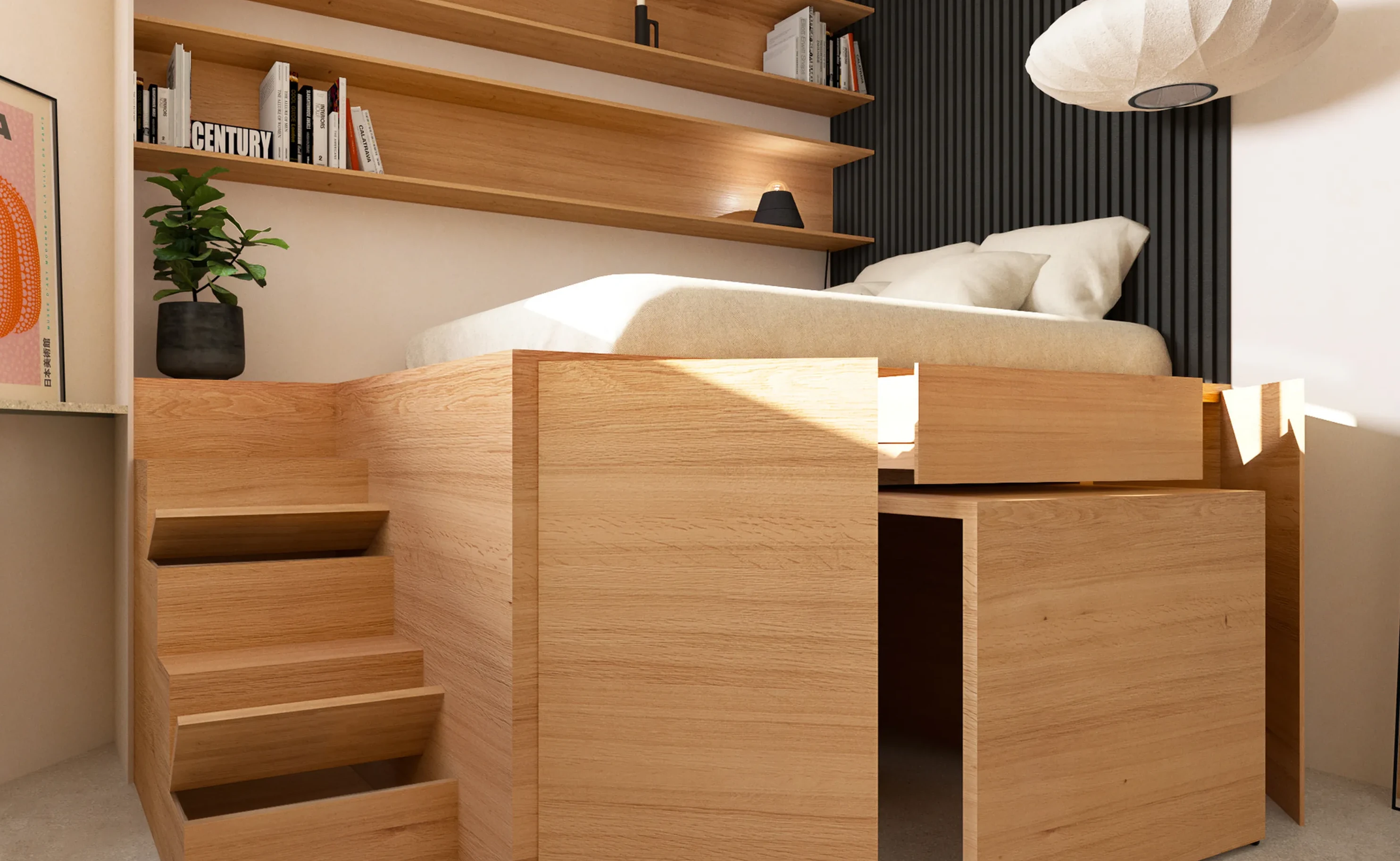 lit sur podium avec table coulissante studio 13m2 Paris par Nooks+Crannies Studio