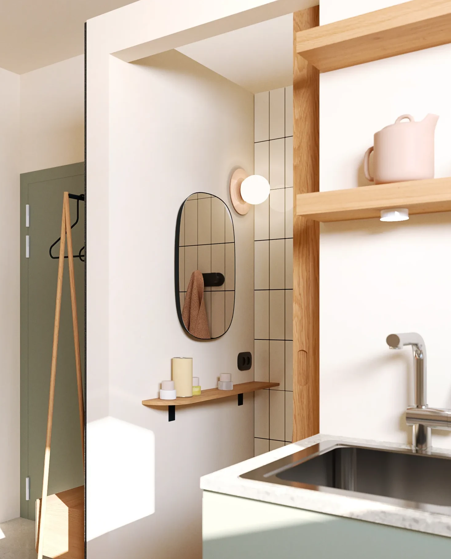 cuisine et salle de bain studio 13m2 Paris par Nooks+Crannies Studio