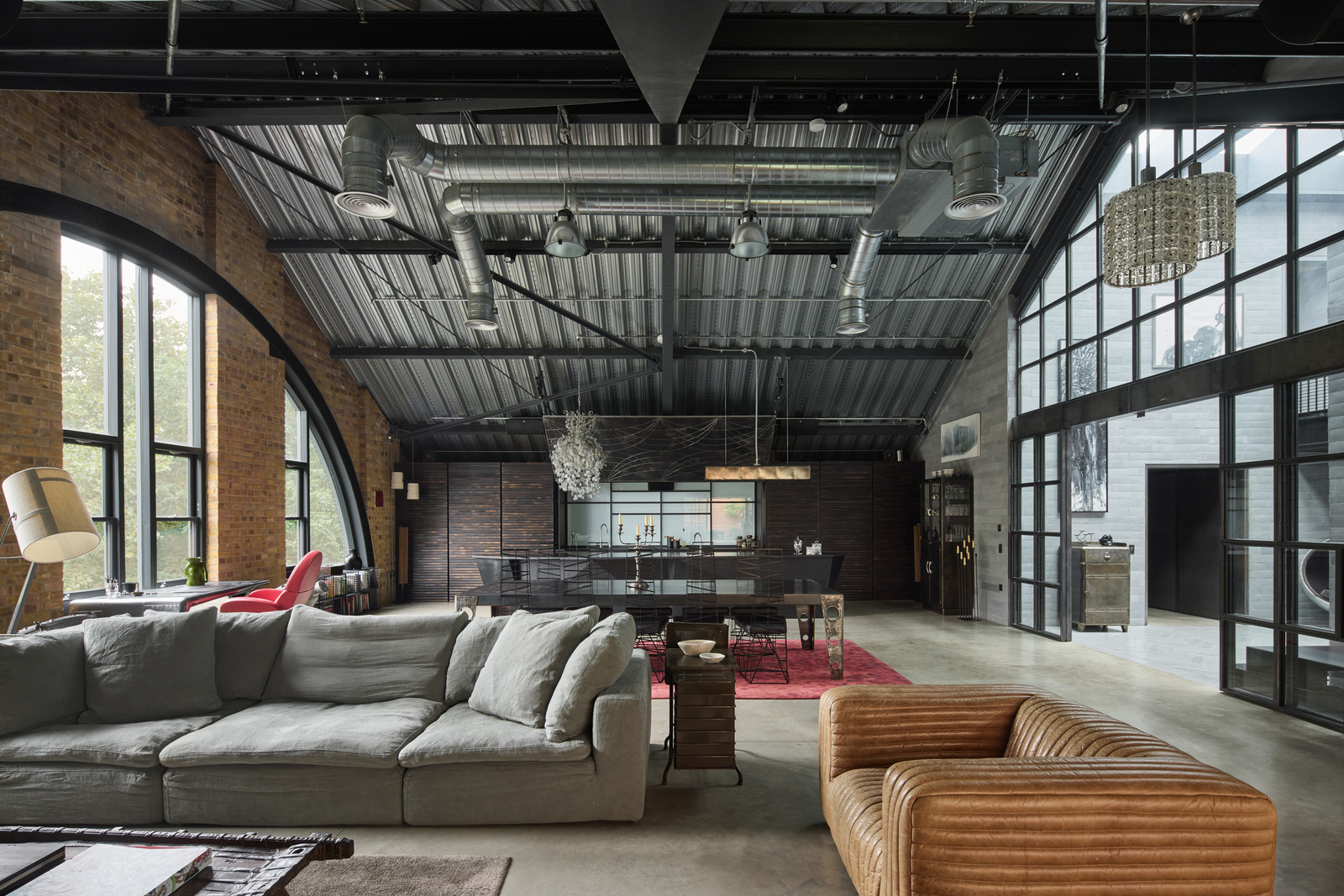 salon avec cuisine ouverte loft Londres