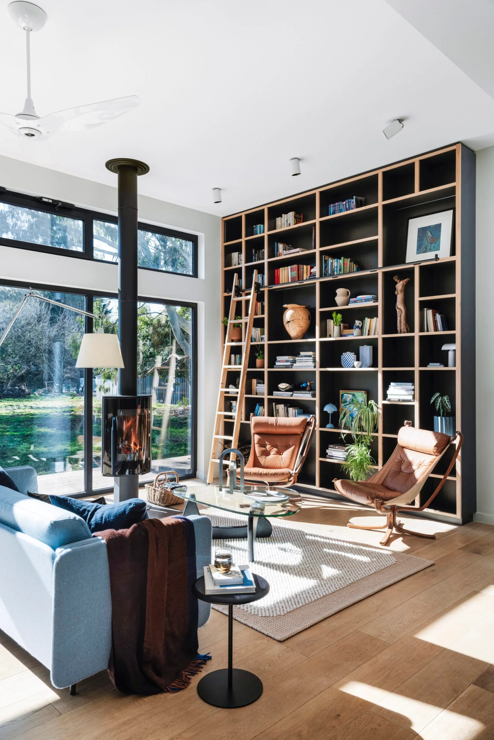 salon avec cheminée design et bibliothèque décoration contemporaine