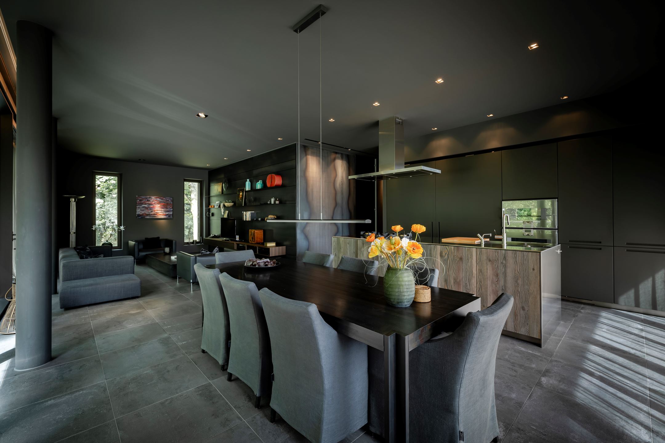 salon avec cuisine ouverte décoration design sombre salon avec cuisine ouverte décoration design sombre