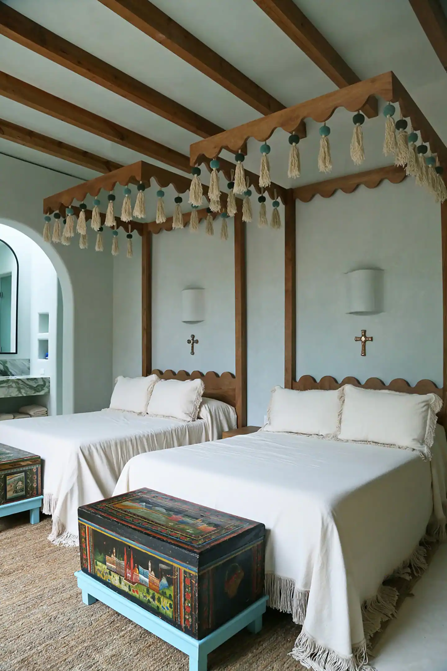 chambre bleue avec poutres maison Mexique chambre bleue avec poutres maison Mexique