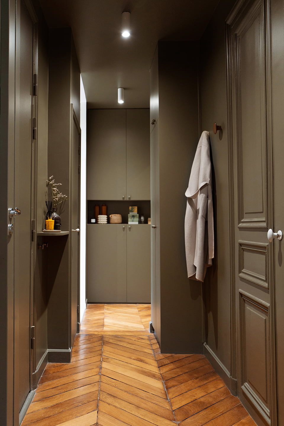 entrée vert olive "ombre pelvoux" appartement 72m2 à Paris rénové par Mon Concept Habitation entrée vert olive "ombre pelvoux" appartement 72m2 à Paris rénové par Mon Concept Habitation