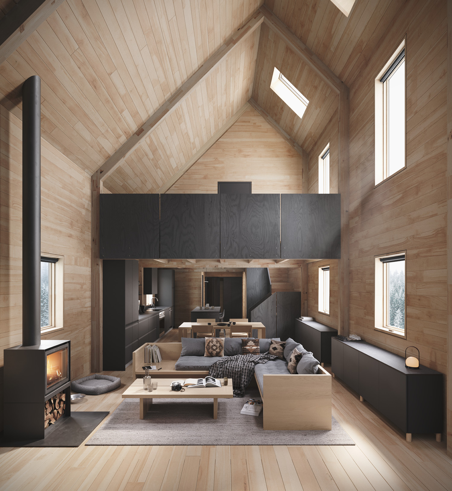 salon double hauteur maison préfabriquée et modulaire The Backcountry Hut Company salon double hauteur maison préfabriquée et modulaire The Backcountry Hut Company